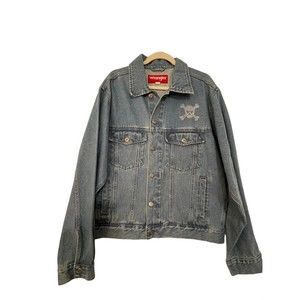 Wrangler  Vintage Hero Denim Jacket Distressed Wash Unisex Large Trucker Skull